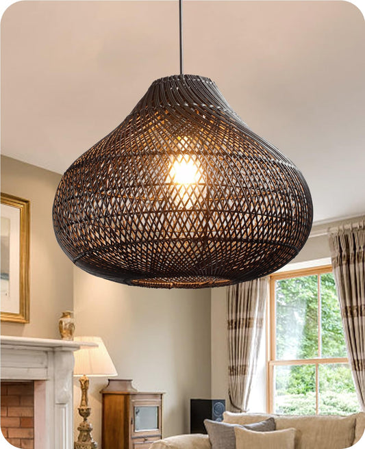 Karjear Black Rattan Chandelier, 16.5 inch Large Wicker Pendant Lights Fixture Hand-Woven Basket Hanging Light for Dining Room Kitchen Island Living Room