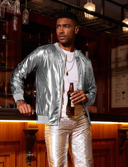 Coofandy Men's Metallic Nightclub Varsity Jacket Shiny Button Zip-up Baseball Bomber For Party,Disco,Dance, Silver, X-Large