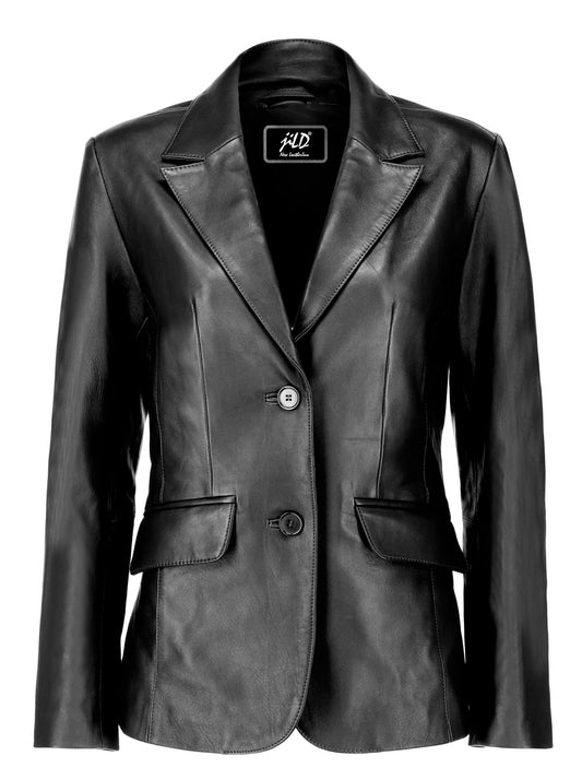 Jild Classic 2-Button Lambskin Leather Blazer Women - Casual Coat Long Sleeves Suit Style Leather Jacket Women (LC-BLK-XL)