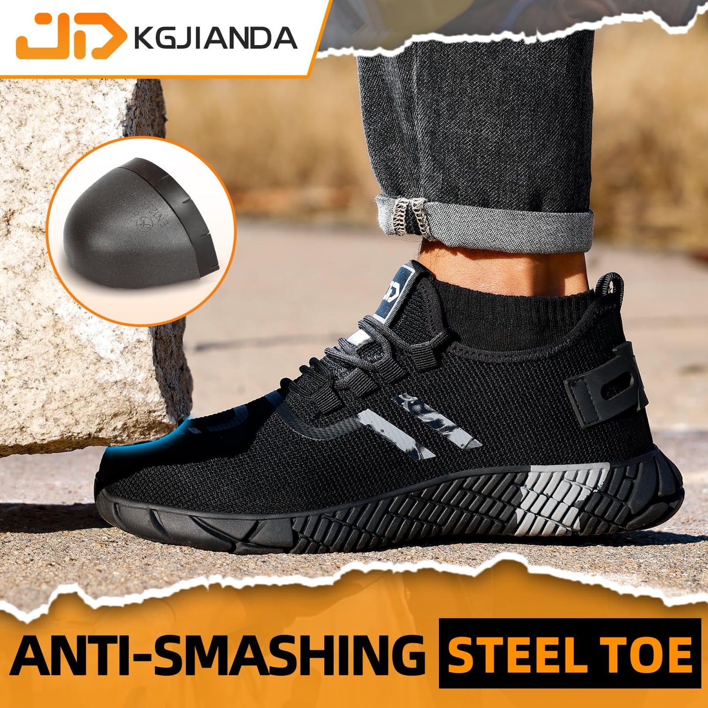 KGJIANDA Steel Toe Shoes for Men Indestructible Work Shoes for Men Lightweight Men's Steel Toe Sneakers Comfortable Safety Toe Shoes Black Steel Toe Tennis Shoes Construction Black Gray