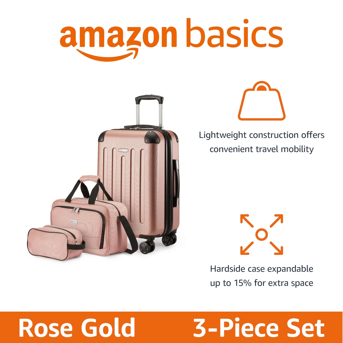 Amazon Basics 3-Piece Luggage Set, Including One Carry On Luggage (22" Expandable Hardside Suitcase With 8 Spinner Wheels), One 15-Inch Tote Bag and One 10-Inch Compact Travel Bag, Rose Gold