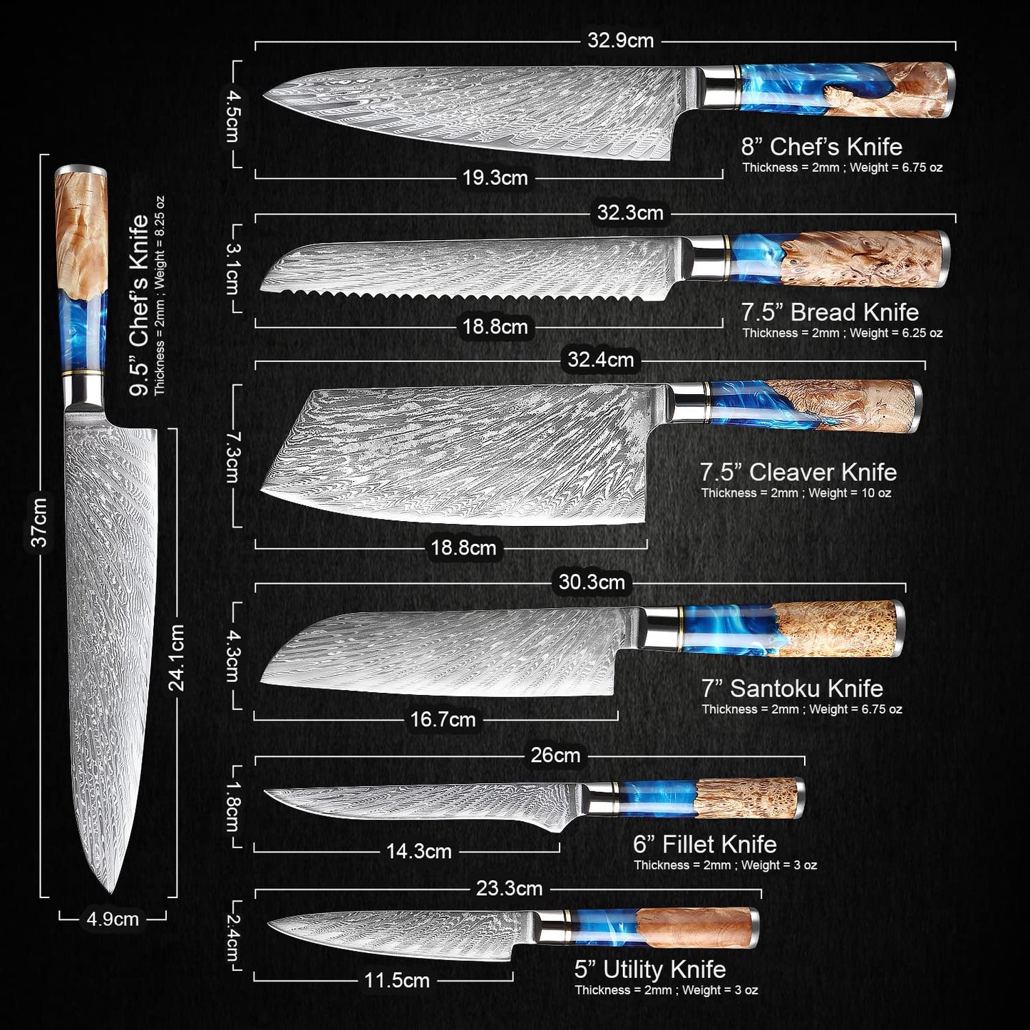 SENKEN 7-Piece Damascus Kitchen Knife Set - Tsunami Collection - 67-Layer Japanese VG10 Steel - Chef's Knife, Cleaver, Santoku, Bread, Boning, & More