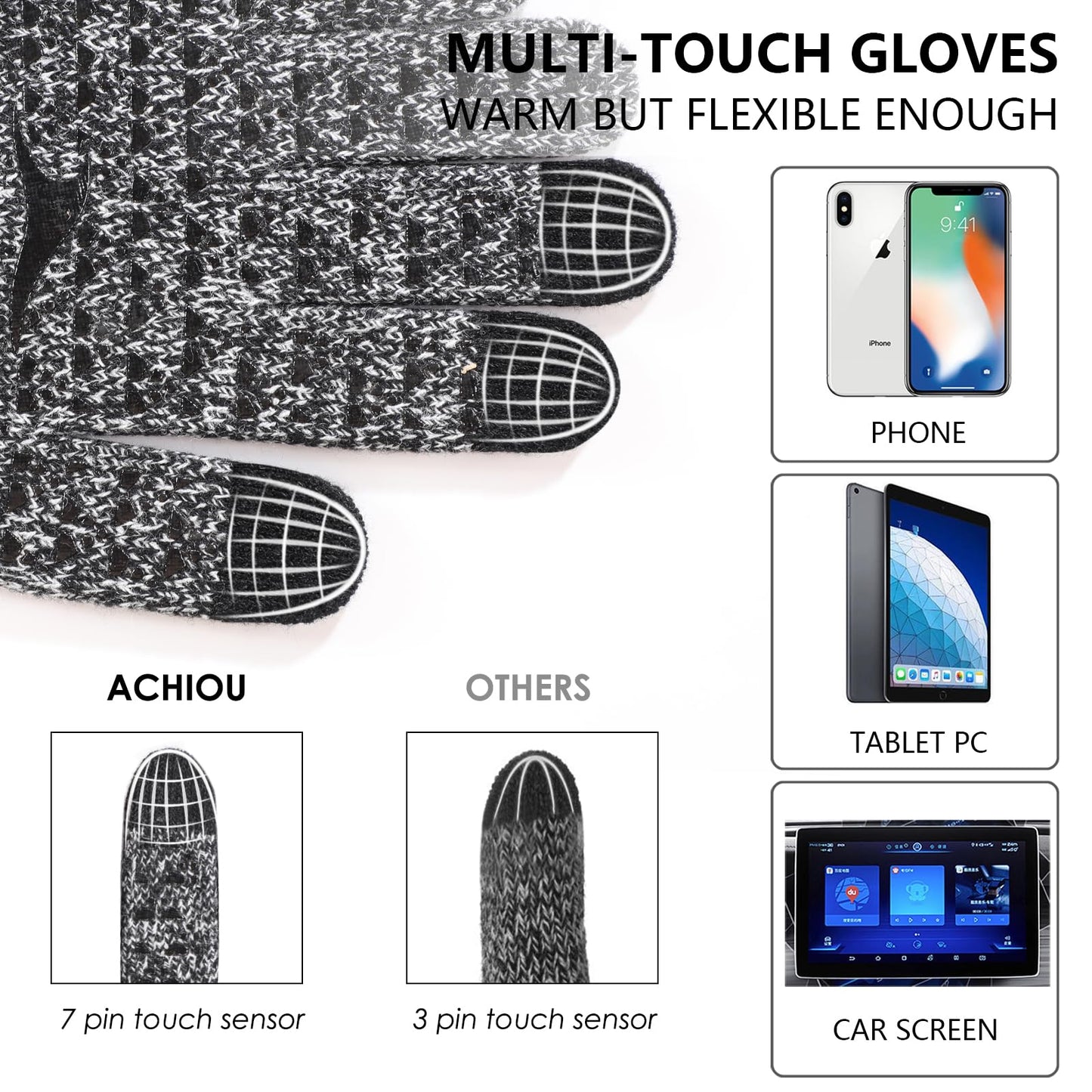 Achiou Winter Gloves, Glove for Men Women, Upgraded Touch Screen Texting Warm Running with Thermal Soft Knit Lining