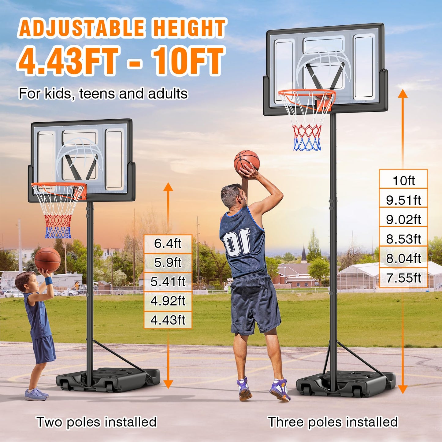 Yohood Basketball Hoop Outdoor 10ft Adjustable, Portable Basketball Hoop Goal System for Kids Youth and Adults in Backyard/Driveway/Indoor, 44 Inch Shatterproof Backboard and Larger Base