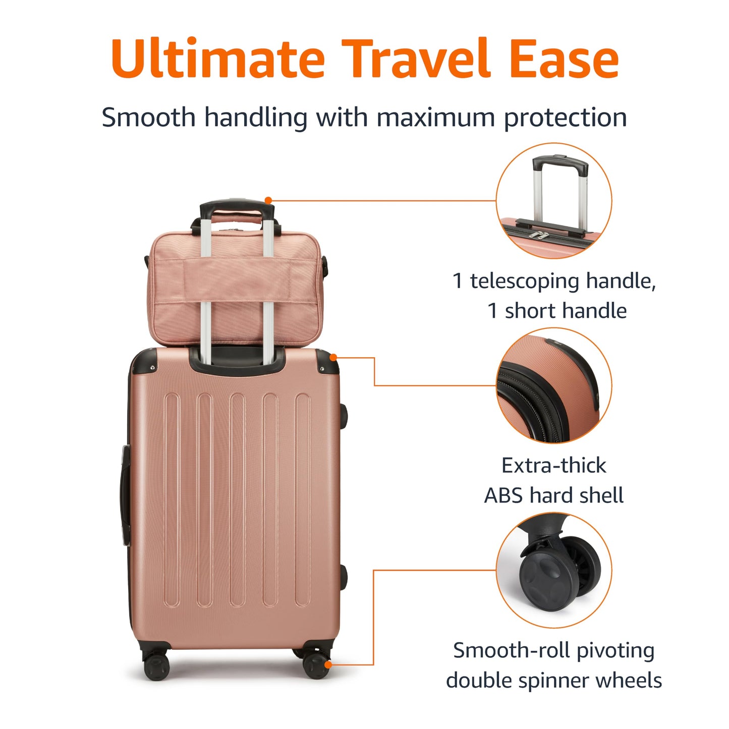 Amazon Basics 3-Piece Luggage Set, Including One Carry On Luggage (22" Expandable Hardside Suitcase With 8 Spinner Wheels), One 15-Inch Tote Bag and One 10-Inch Compact Travel Bag, Rose Gold