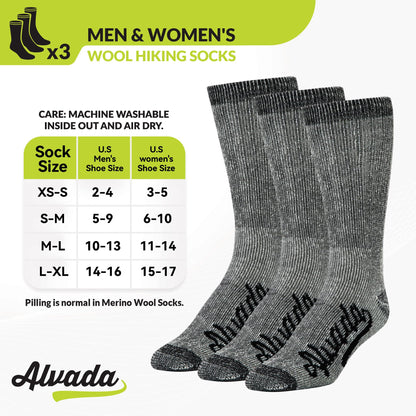 Alvada Merino Wool Hiking Socks Thermal Warm Crew Winter Boot Sock For Men Women 3 Pairs ML