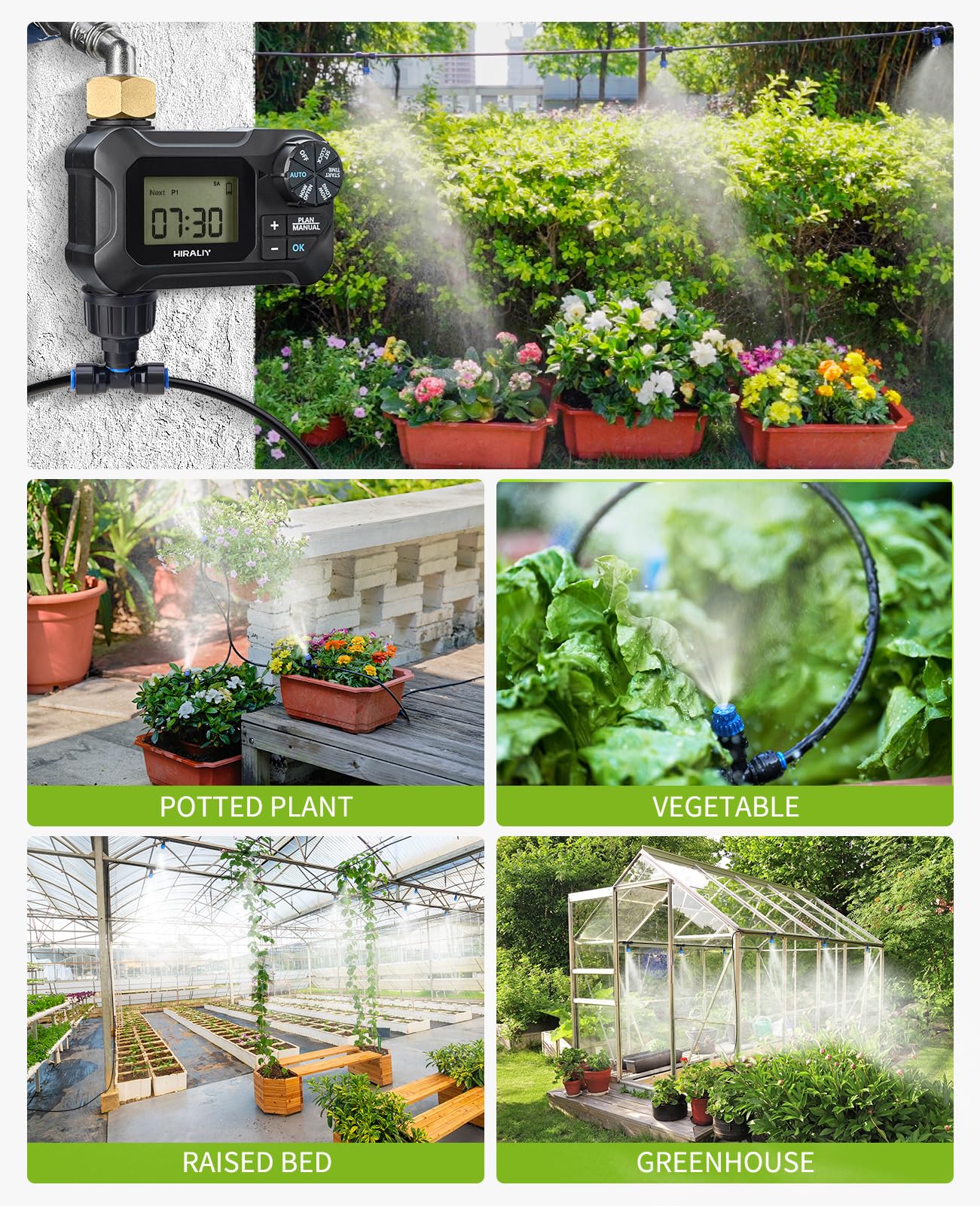 HIRALIY 59FT Greenhouse Mist Drip Irrigation Kit with Garden Timer, Hanging Plant Watering System, with Tubing, Misting Nozzles, and Water Timer, Quick Connector Design Automatic Irrigation System