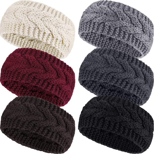 Pangda 6 Pieces Women's Winter Headbands Cable Knitted Headbands Knit Earmuffs Chunky Ear Warmers for Women Girls Wear and Sport(Black, Purplish Red, Beige, Dark Gray, Gray)