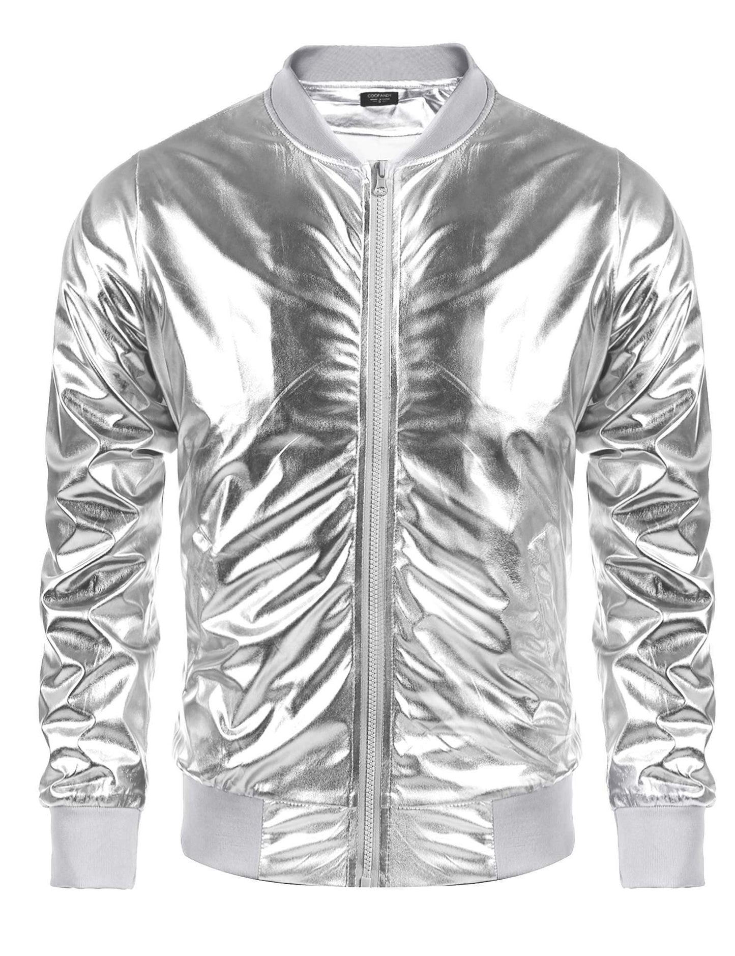 Coofandy Men's Metallic Nightclub Varsity Jacket Shiny Button Zip-up Baseball Bomber For Party,Disco,Dance, Silver, X-Large