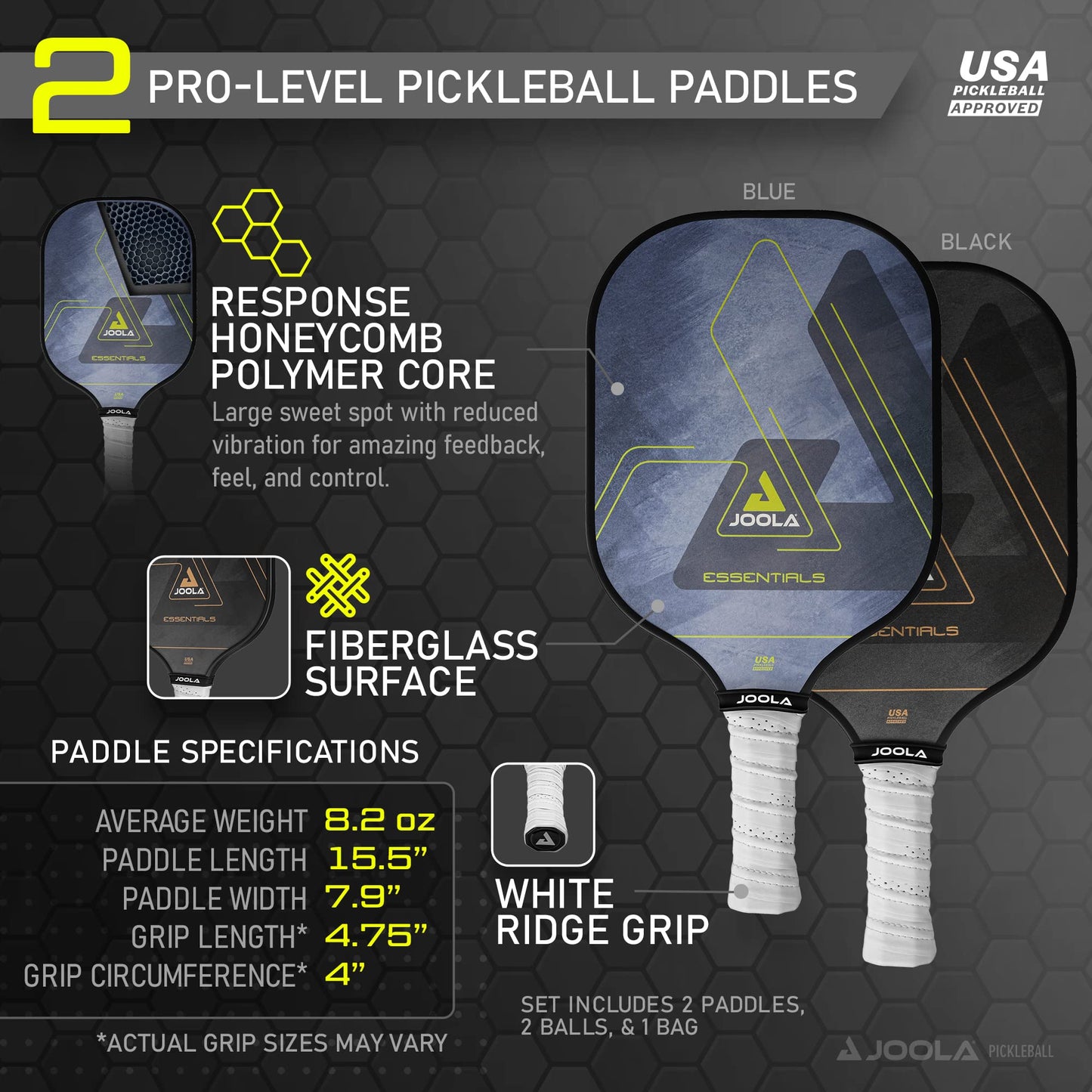 JOOLA Essentials Pickleball Paddles Set with Reinforced Fiberglass Surface and Honeycomb Polypropylene Core - Includes 2 Pickleball Rackets, 2 Pickleball Balls, and Sling Bag