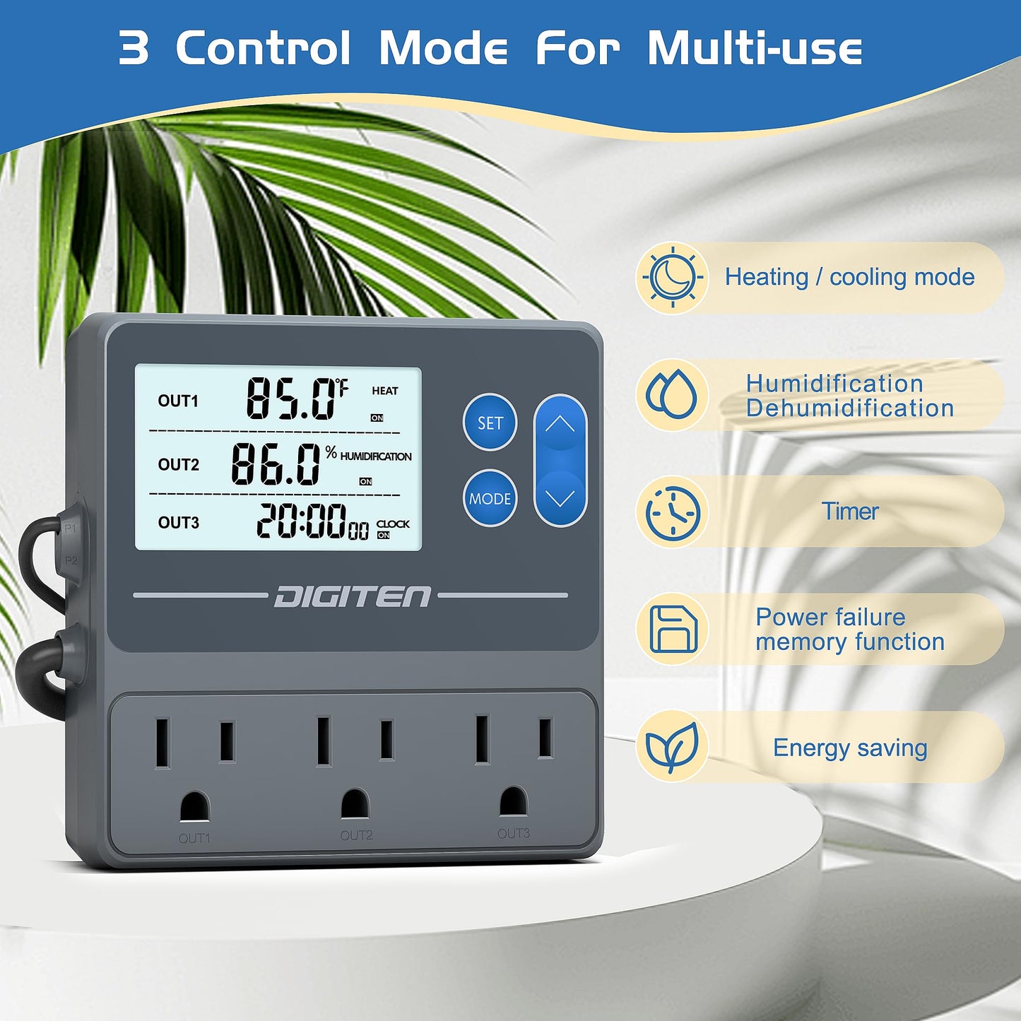 SENSTREE Digital Temperature Humidity Controller Pre-Wired Outlets for Mushroom, Reptile, Heating/Cooling On Outlet 1, Humidifier/Dehumidifier On Outlet2, Timer On Outlet 3