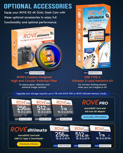 ROVE R2-4K DUAL Dash Cam Front and Rear, STARVIS 2 Sensor, FREE 128GB Card Included, 5G WiFi - up to 20MB/s Fastest Download Speed with App, 4K 2160P/FHD Dash Camera for Cars, 3" IPS, 24H Parking Mode