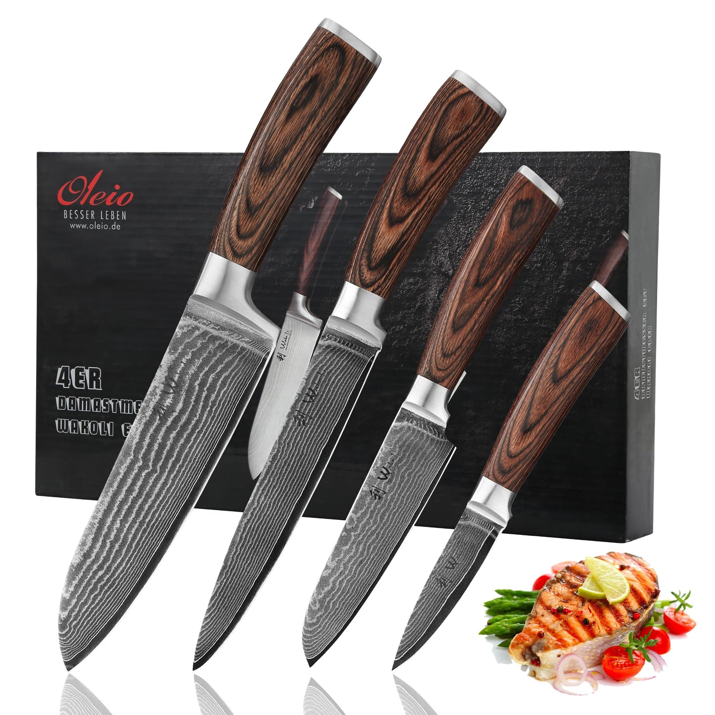 Wakoli Damascus Kitchen Knife Set, 4 Pieces Professional Chef Knife Set made from 67 Layers of Damascus Steel with VG10 Core, Knives Set for Kitchen with Pakkawood Handles in Gift Box (EDIB 4-pcs)