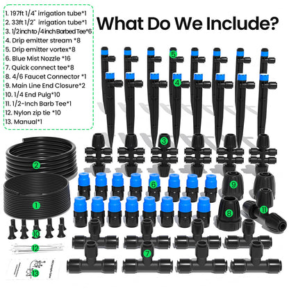 MIXC 230FT Drip Irrigation System,Quick Connector Garden Watering System Automatic Sprinkler System Kit for Lawn Raised Bed Greenhouse Plant Watering System with 1/2'' Tubing,Drip Emitters,Connectors