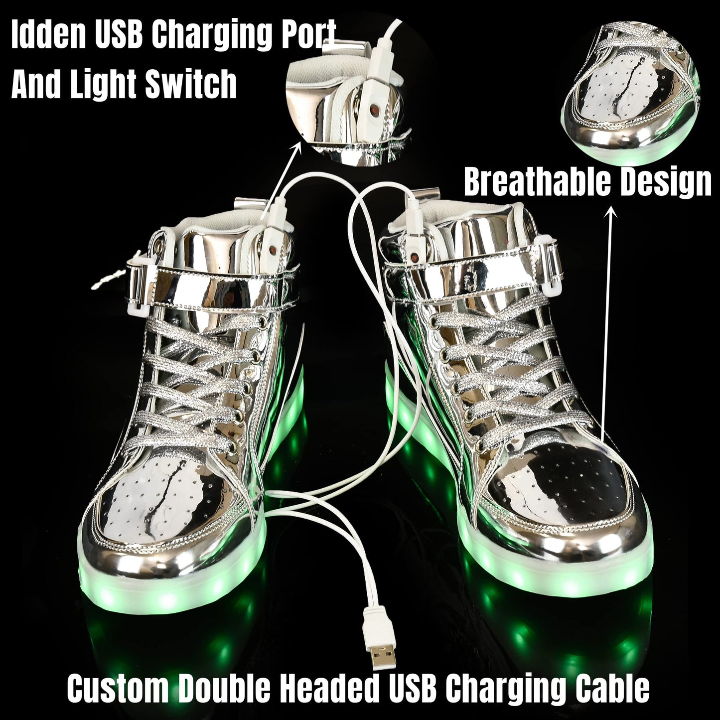 IGxx LED Light Up Shoes for Men USB Recharging High Top LED Sneakers Women Kids Silver