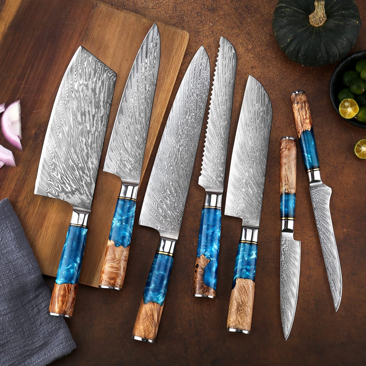 SENKEN 7-Piece Damascus Kitchen Knife Set - Tsunami Collection - 67-Layer Japanese VG10 Steel - Chef's Knife, Cleaver, Santoku, Bread, Boning, & More