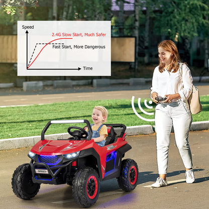 Costzon 2-Seater Ride on Car for Kids, 12V Kids' Electric Vehicles w/Remote Control, 4 Shock Absorbers, Wireless Music & FM, 3 Speeds, Ambiance Lights, Kids Electric UTV, Electric Car for Kids (Red)