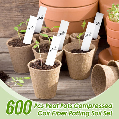 Layhit 600 Pcs Seed Starter Plant Pots Kit, Compressed Coir Fiber Potting Soil, 2.36 Inch Nursery Pots, Small Seed Starting Starter Tray Bulk, Garden Germination Container Set with Planting Labels