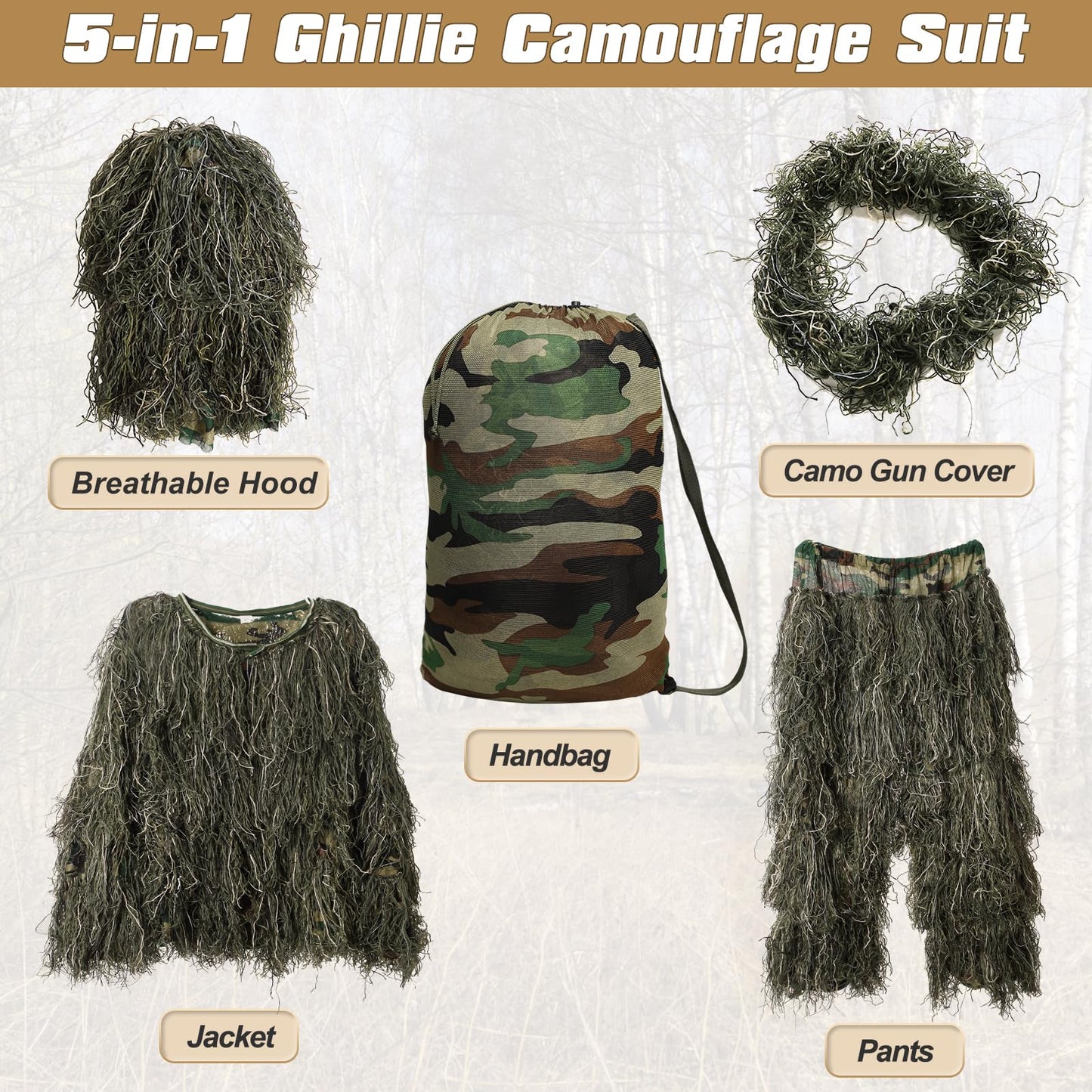 Ghillie Suit for Men, 5 in 1 Ghillie Suit Superior Camo Hunting Clothes for Kids/Youth Hunters, Military, Sniper Airsoft and Paintball