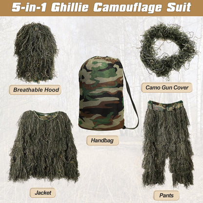 Ghillie Suit for Men, 5 in 1 Ghillie Suit Superior Camo Hunting Clothes for Kids/Youth Hunters, Military, Sniper Airsoft and Paintball