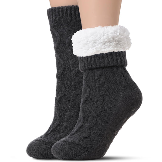 Tough Land Slipper Socks for Women with Grippers Non Slip, Sherpa Lined Cozy Fuzzy House Slipper Socks