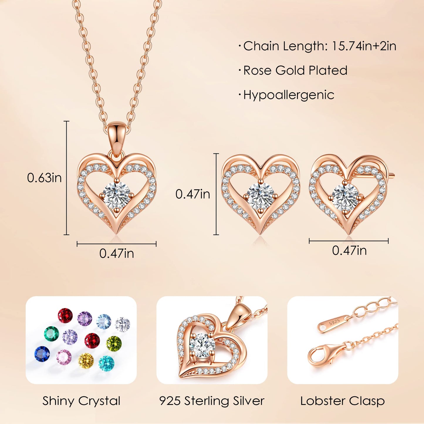 CDE Jewelry Sets for Women Love Heart Pendant Necklaces Earrings, 925 Sterling Silver with Birthstone Zirconia, Mother's Day Christmas Birthday Anniversary Valentine's Day Jewelry Gifts for Women Mom Wife Girlfriend Her