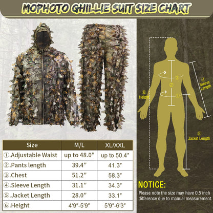 MOPHOTO Ghillie Suit 3D Leafy Camo Hunting Suits, Woodland Gilly Suits Gillies Suits for Men, Leaf Camouflage Hunting Suits