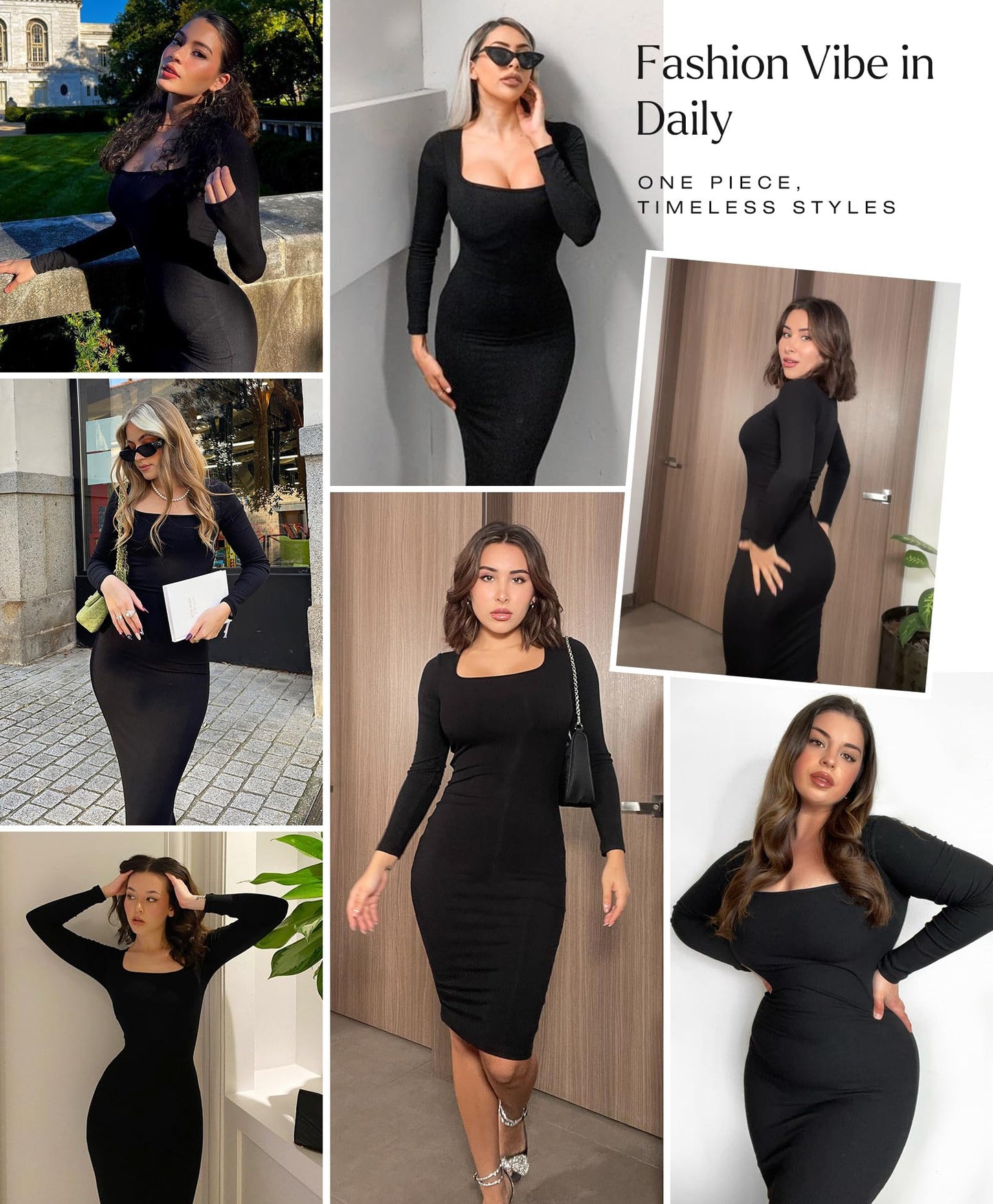 Popilush Long Sleeve Cocktail Dress for Women Midi Dresses Shapewear Tummy Control Black Bodycon Dress Built-in Bra