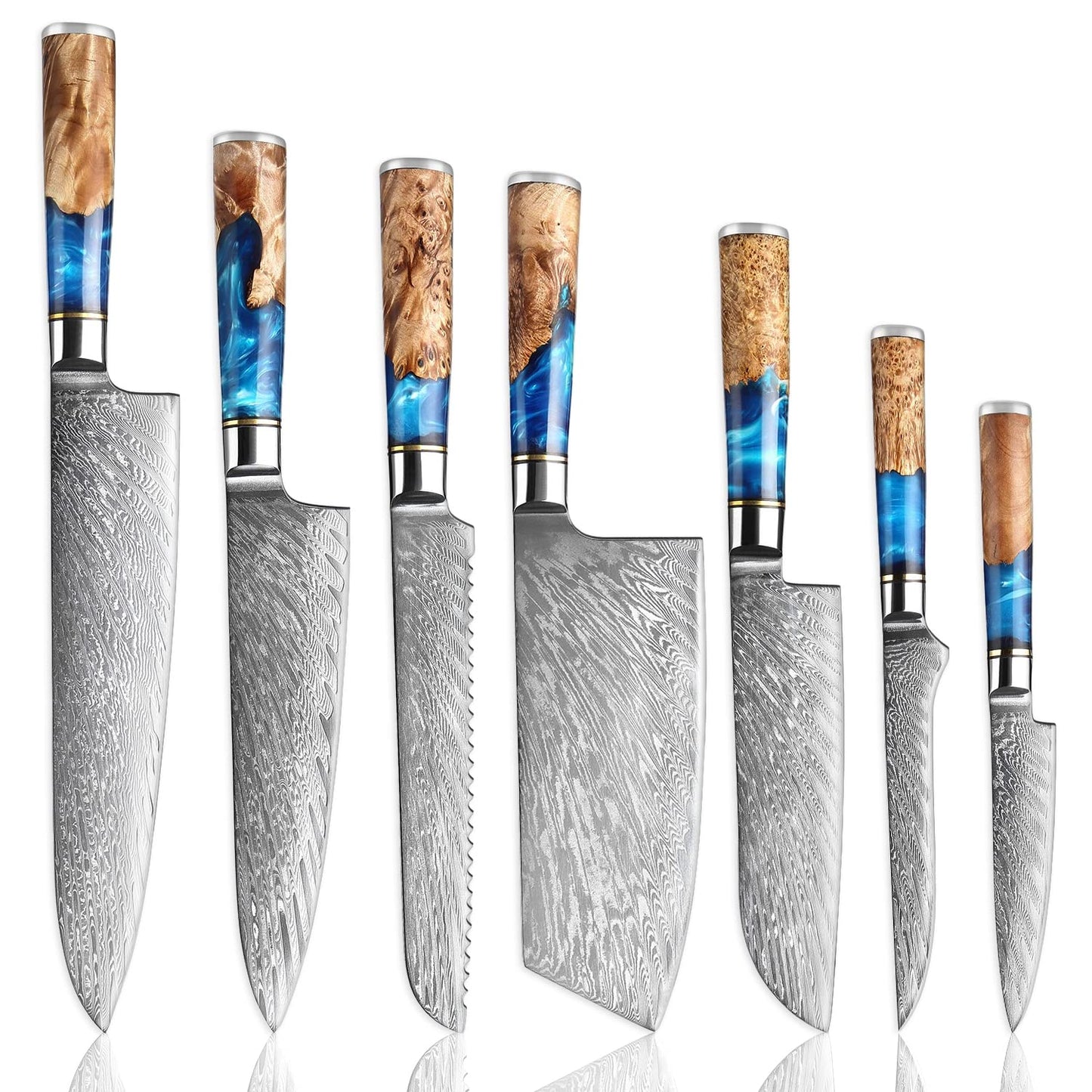 SENKEN 7-Piece Damascus Kitchen Knife Set - Tsunami Collection - 67-Layer Japanese VG10 Steel - Chef's Knife, Cleaver, Santoku, Bread, Boning, & More