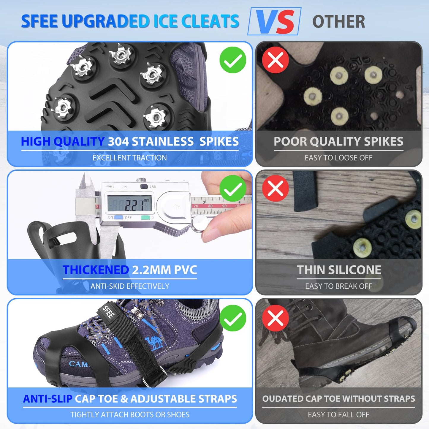 Sfee Crampons for Winter Boots, Upgraded Ice Cleats Stainless Steel Women Men Anti Slip Ice Traction Cleats Grips with Straps, Perfect for Hiking, Walking, Climbing, Ice Fishing(L)