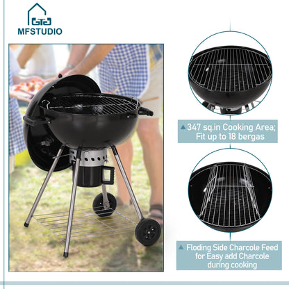 MFSTUDIO 18" Kettle Charcoal Grill, Porcelain-Enameled BBQ Charcoal Grill with Slide Out Ash Catcher for Barbeque, Outdoor Charcoal Cooking Grill, Black