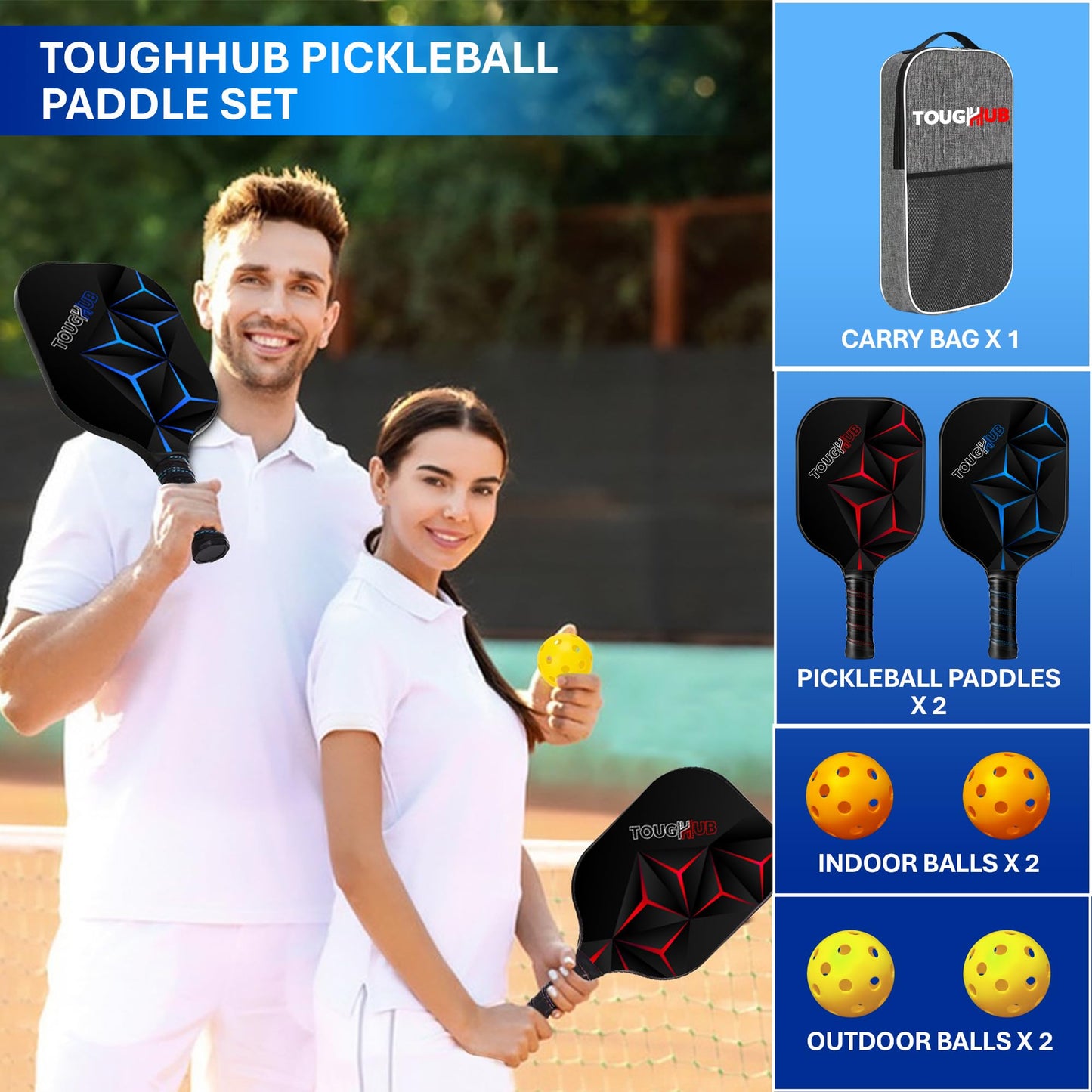 Toughhub Pickleball Paddles Set of 2 Rackets and 4 Pickleball - Fiberglass Surface Pickleball Set with Lightweight and Non Slip Grip - Pickle Ball Paddle Set for Beginners & Professional