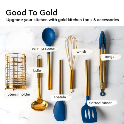 Gold and Navy Blue Kitchen Utensils Set - 7-Piece Silicone Cooking Tools for Nonstick Cookware with Utensil Holder - Stylish Cooking Gifts for Modern Kitchens