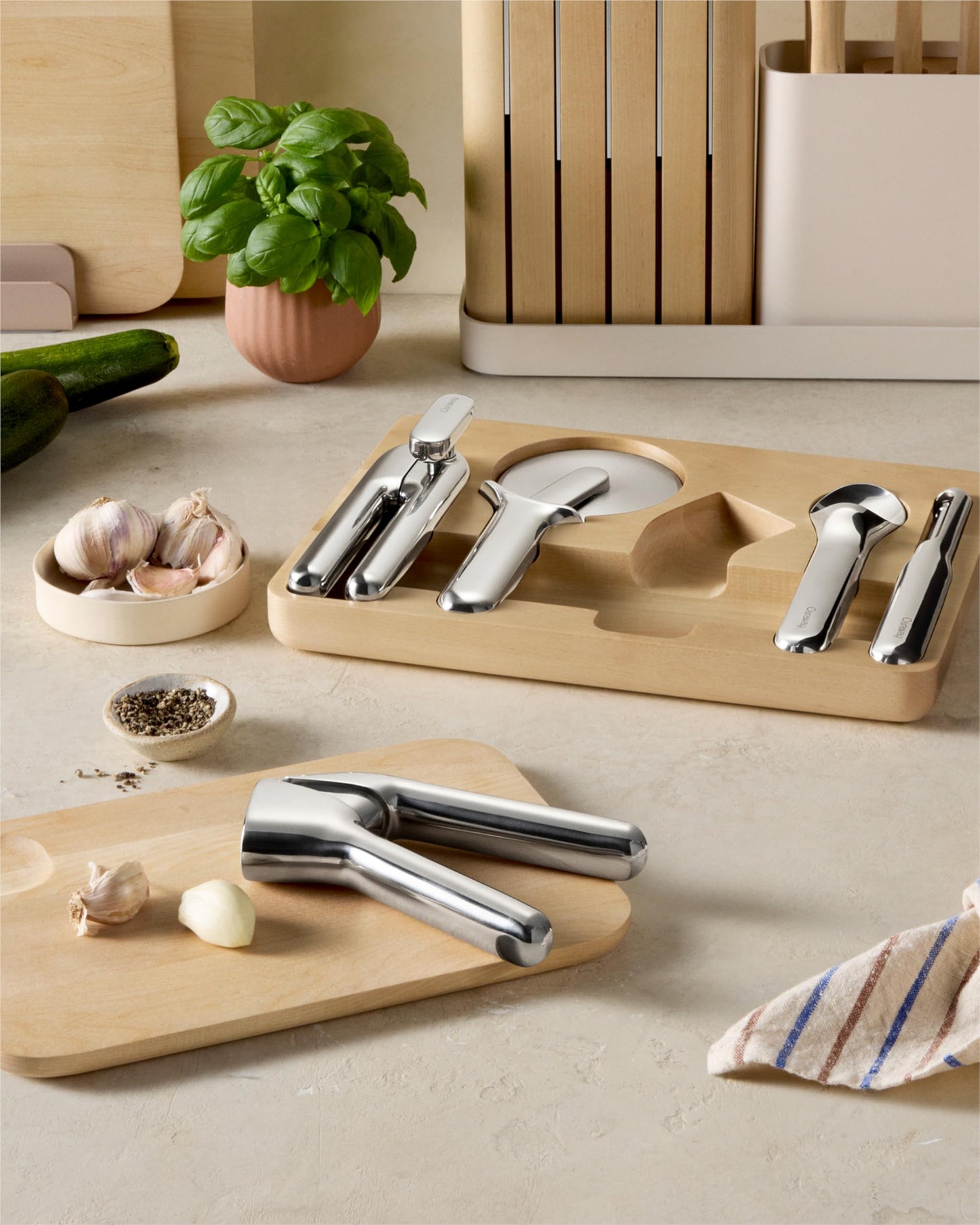 Caraway Kitchen Gadget Set - 5 Piece Kitchen Essentials - Stainless Steel - Includes Can Opener, Pizza Cutter, Garlic Press, Ice Cream Scoop, Vegetable Peeler, and Storage Organizer