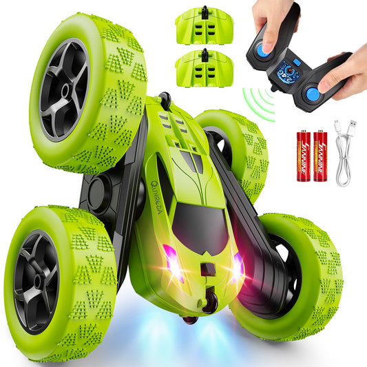 QUNREDA Remote Control Car for Kids Ages 6+, RC Cars Stunt Car Toy 4WD Double Sided 360° Rotating Remote Control with Headlights, Birthday Xmas Gifts for Boys 6 7 8 9 10 11 12 Green