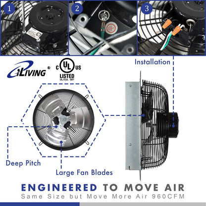 iLIVING 12" Wall Mounted Shutter Exhaust Fan, Automatic Shutter, with Thermostat and Variable Speed controller, 0.6A, 960 CFM, 1400 SQF Coverage Area Silver (ILG8SF12V-ST)