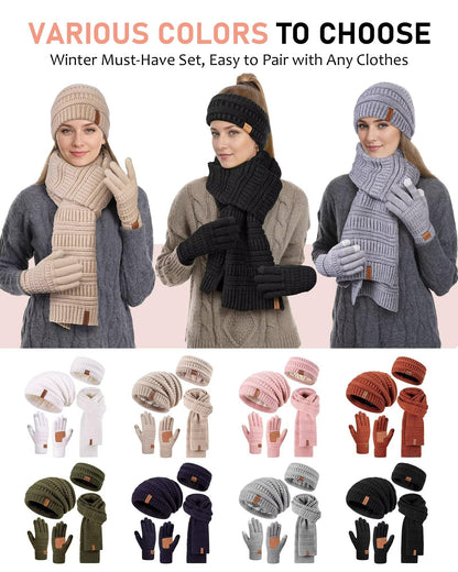 Womens Winter Beanie Hat Scarf Gloves Headband Set, Slouchy Beanie Ear Warmer with Fleece Lined Thick Knit Neck Scarf Touchscreen Gloves, 4 Piece Fashionable Warm Gift Set for Cold Weather(Army)