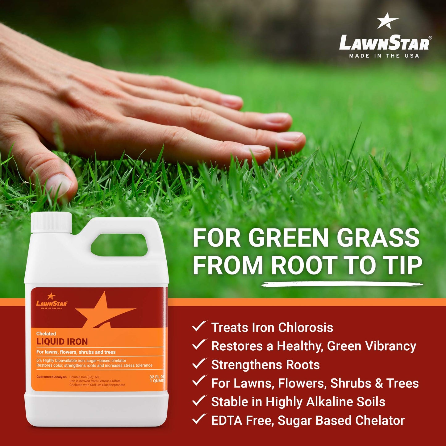 LawnStar Liquid Iron (32 OZ) for Plants - Multi-Purpose, Suitable for Lawn, Flowers, Shrubs, Trees - Treats Iron Deficiency, Root Damage & Color Distortion – EDTA-Free, American Made