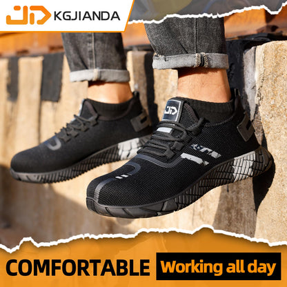 KGJIANDA Steel Toe Shoes for Men Indestructible Work Shoes for Men Lightweight Men's Steel Toe Sneakers Comfortable Safety Toe Shoes Black Steel Toe Tennis Shoes Construction Black Gray