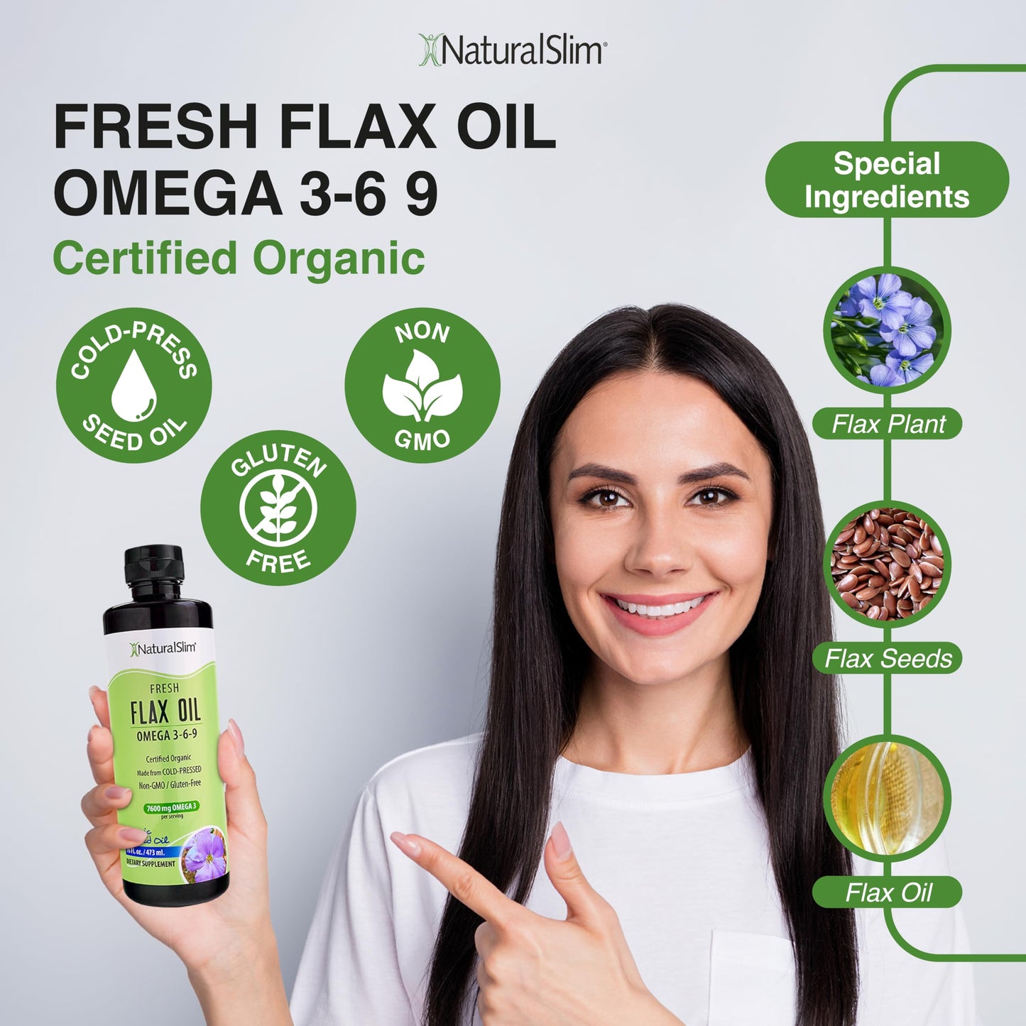 NaturalSlim Flax Oil - Flaxseed Oil Liquid Supplement with Omega 3 6 9 - Cold-Pressed Certified Organic Flax Seed Oil for Hair, Skin, Nails, Healthy Cells & Vegetable Oil for Cooking - 16 fl. Oz.