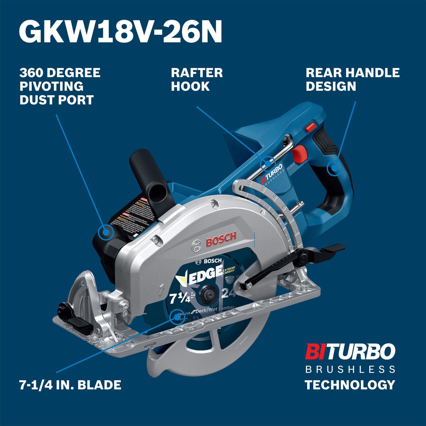 BOSCH GKW18V-26N PROFACTOR 18V 7-1/4" Rear Handle Circular Saw - BITURBO Brushless Technology, 5000 RPM, Lightweight Ergonomic Design, Left Blade Orientation, Electronic Brake, Dust Port (Bare Tool)