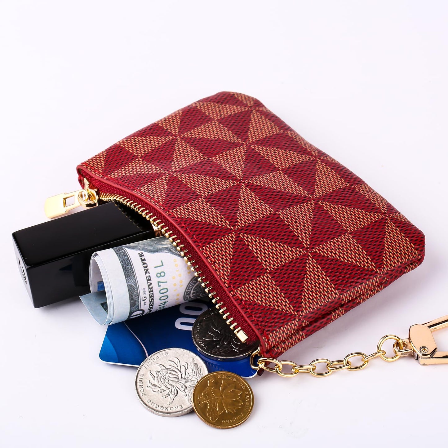 Leather Coin Purse for Women with KeyChain Small Zipper Change Purse coin Pouch Card Holder Wallet Clutch for Women & Men(Red)