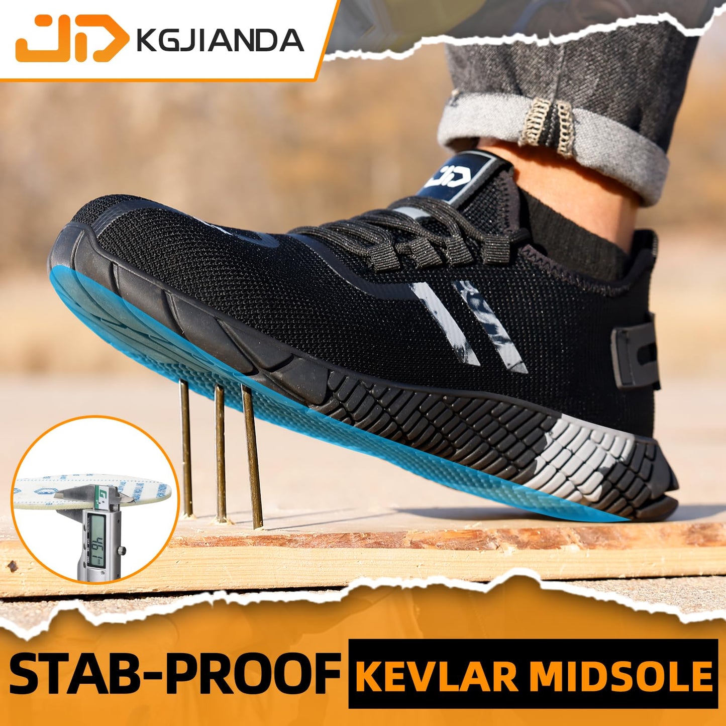 KGJIANDA Steel Toe Shoes for Men Indestructible Work Shoes for Men Lightweight Men's Steel Toe Sneakers Comfortable Safety Toe Shoes Black Steel Toe Tennis Shoes Construction Black Gray