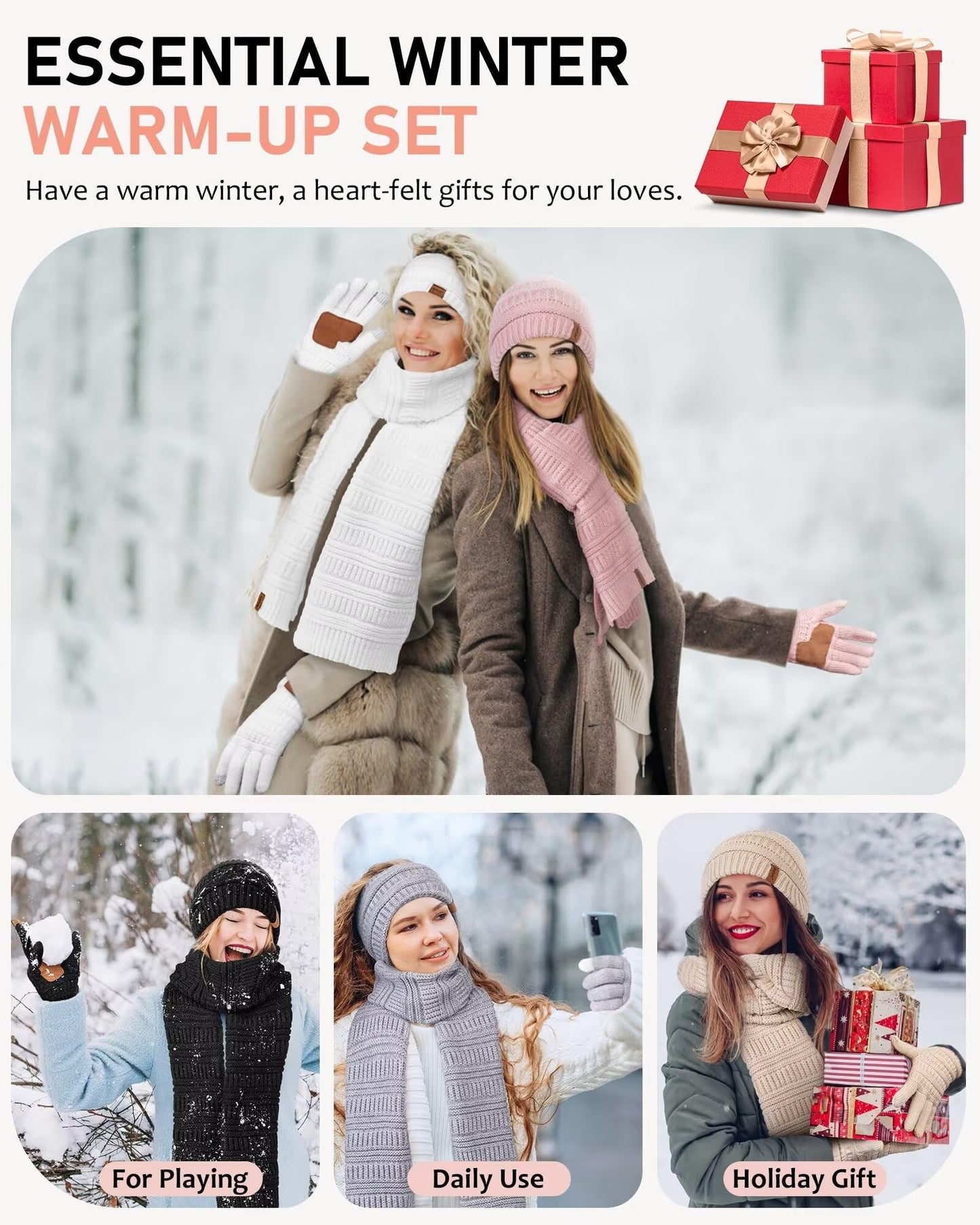 Womens Winter Beanie Hat Scarf Gloves Headband Set, Slouchy Beanie Ear Warmer with Fleece Lined Thick Knit Neck Scarf Touchscreen Gloves, 4 Piece Fashionable Warm Gift Set for Cold Weather(Army)