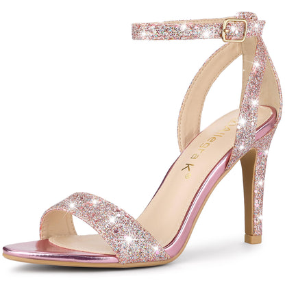 Allegra K Women's Glitter Ankle Strap Stiletto High Heel Pink Gold Sandals 10 M US