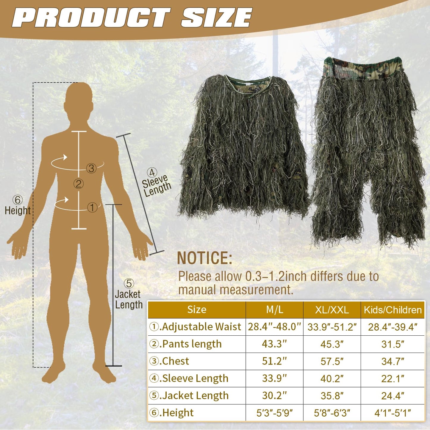 Ghillie Suit for Men, 5 in 1 Ghillie Suit Superior Camo Hunting Clothes for Kids/Youth Hunters, Military, Sniper Airsoft and Paintball