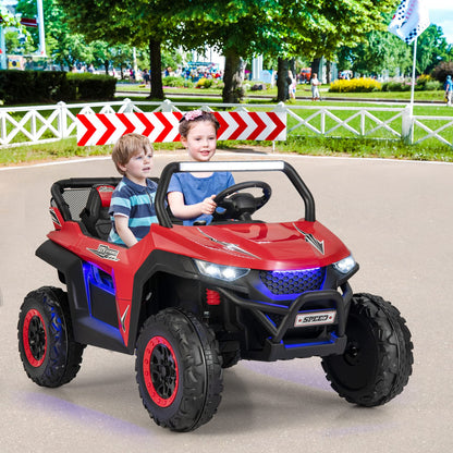 Costzon 2-Seater Ride on Car for Kids, 12V Kids' Electric Vehicles w/Remote Control, 4 Shock Absorbers, Wireless Music & FM, 3 Speeds, Ambiance Lights, Kids Electric UTV, Electric Car for Kids (Red)