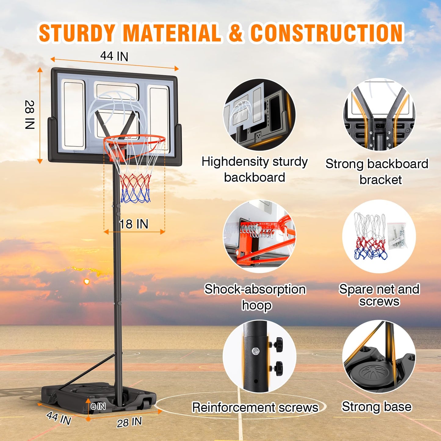 Yohood Basketball Hoop Outdoor 10ft Adjustable, Portable Basketball Hoop Goal System for Kids Youth and Adults in Backyard/Driveway/Indoor, 44 Inch Shatterproof Backboard and Larger Base