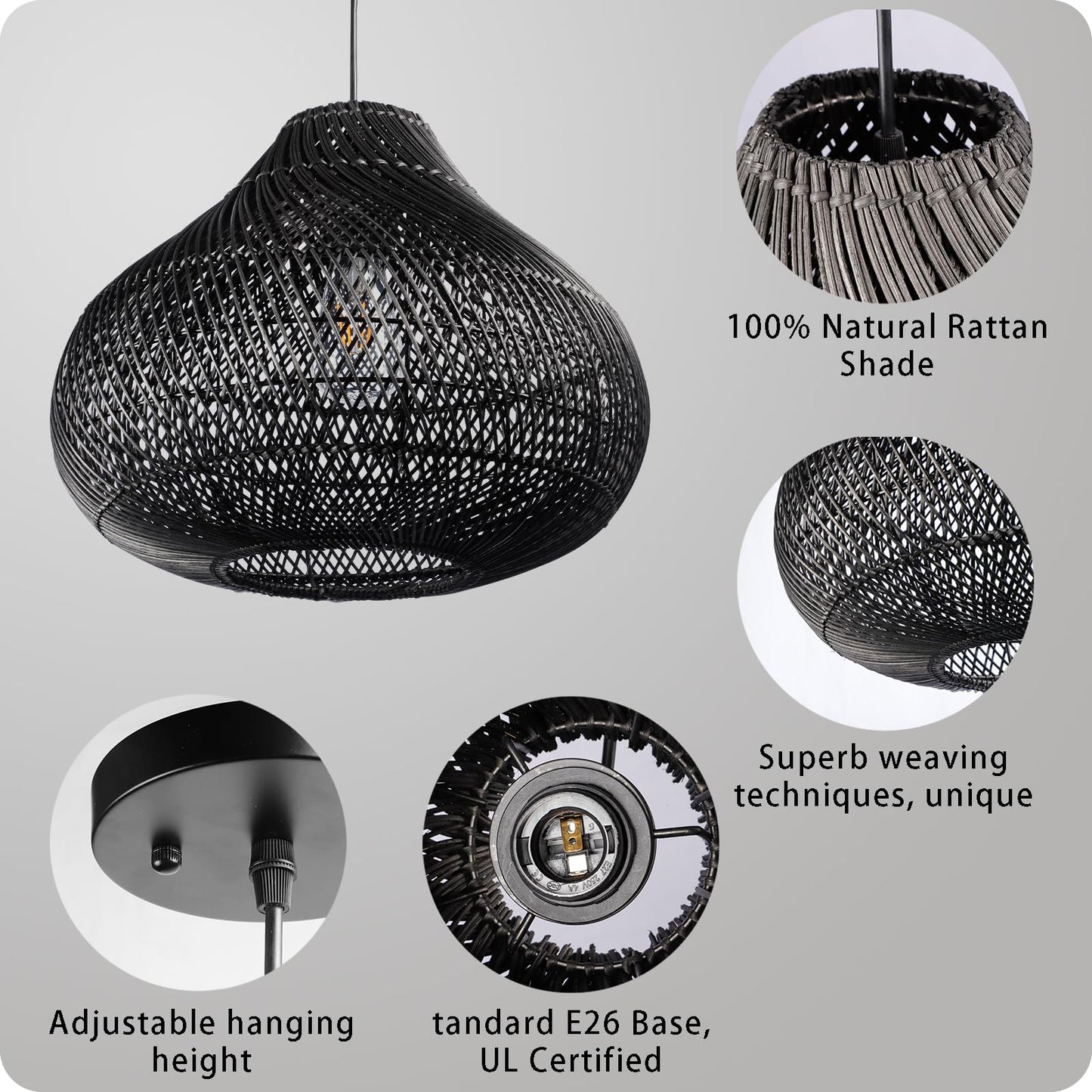 Karjear Black Rattan Chandelier, 16.5 inch Large Wicker Pendant Lights Fixture Hand-Woven Basket Hanging Light for Dining Room Kitchen Island Living Room