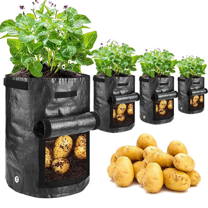 JJGoo Potato Grow Bags, 4 Pack 10 Gallon with Flap and Handles Planter Pots for Onion, Fruits, Tomato, Carrot - Black